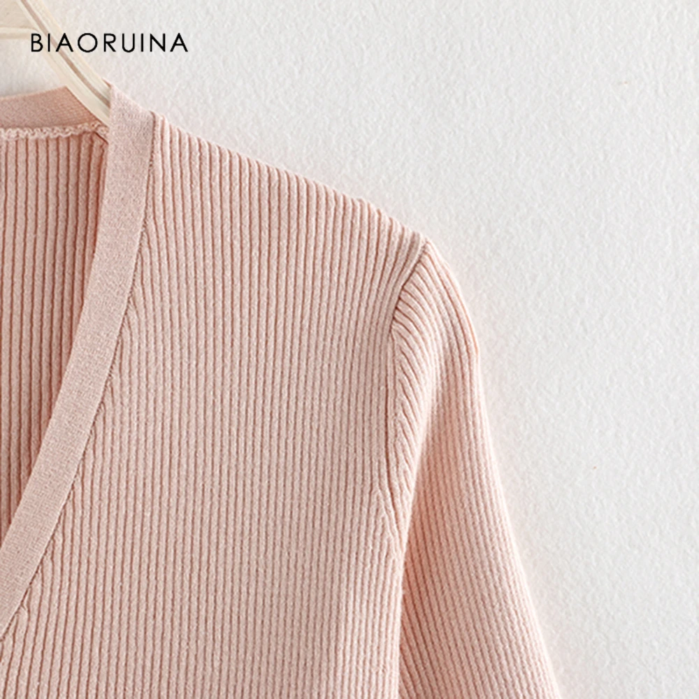 BIAORUINA Women American Style Vertical Solid Stripes Knitted Sweater Female Elegant V-neck Covered Button Casual Cardigans |