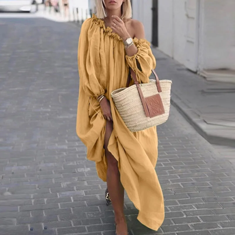 VIEUNSTA Sexy Off Shoulder Ruffles Dress Elegant Women Slash Neck Solid Beach Long Autumn Sleeve Pleated 5XL | Женская одежда