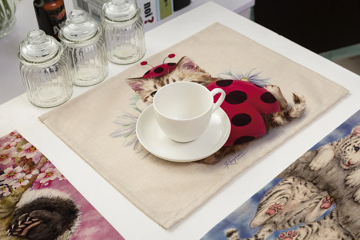 Мультфильм животных живопись милые кошки placemate скандинавский дом хлопок, лен, настольные Коврики для обеденного стола кухонные украшения Аксессуары
