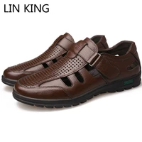 lin king leisure hollow out men sandals solid pu leather shoes breathable summer casual loafers non slip man sandals beach shoes