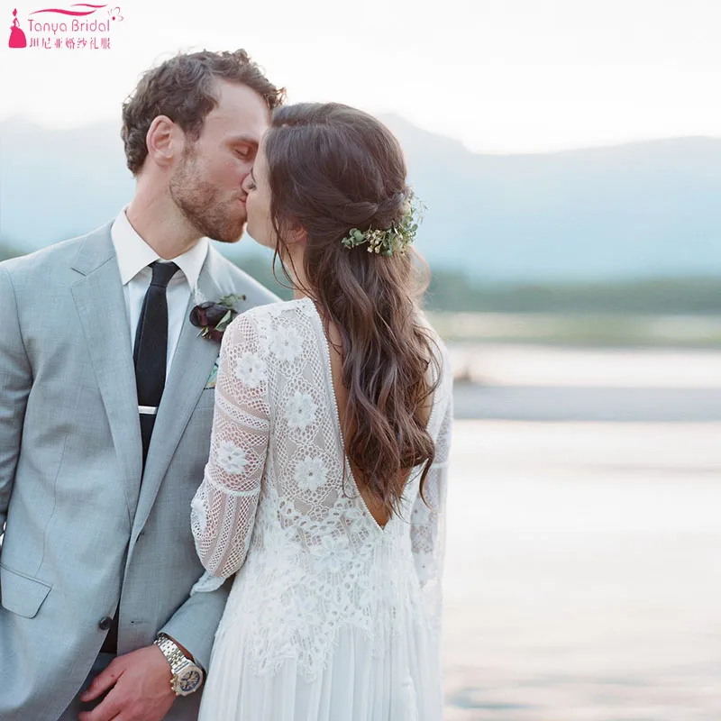 Bohemian Lace Wedding платья с рукавом-клеш глубокий v-образный вырез сексуальная открытая спина линия Boho пляжные свадебные платья Цыганский Хиппи Noivas ZW190