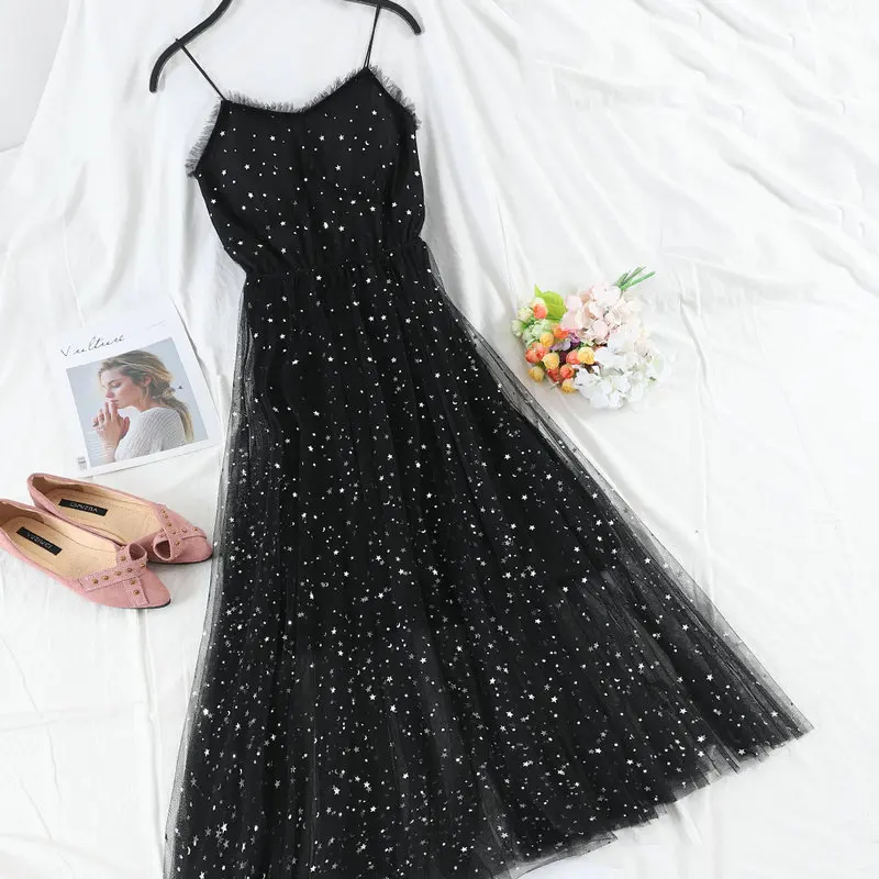 Women Dress Женское летнее платье на бретельках с блестками, повседневное эластичное тонкое сетчатая вуаль с высокой талией, плиссированное платье из тюля - Цвет: Women Dress