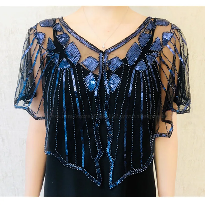 blue1 shawl Женская винтажная накидка с блестками и бусинами, вечернее платье, женская Пляжная накидка, Солнцезащитная Короткая шаль, пальто, лето, 20 s - Цвет: blue1 shawl