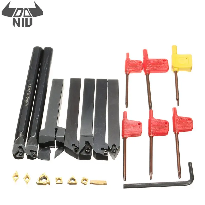 

DANIU 7Pcs/set 12mm Shank Lathe Set Boring Bar Turning Tool Holder Kit + 7pcs Carbide Inserts+7pcs T8 Wrenches for Machine Tool