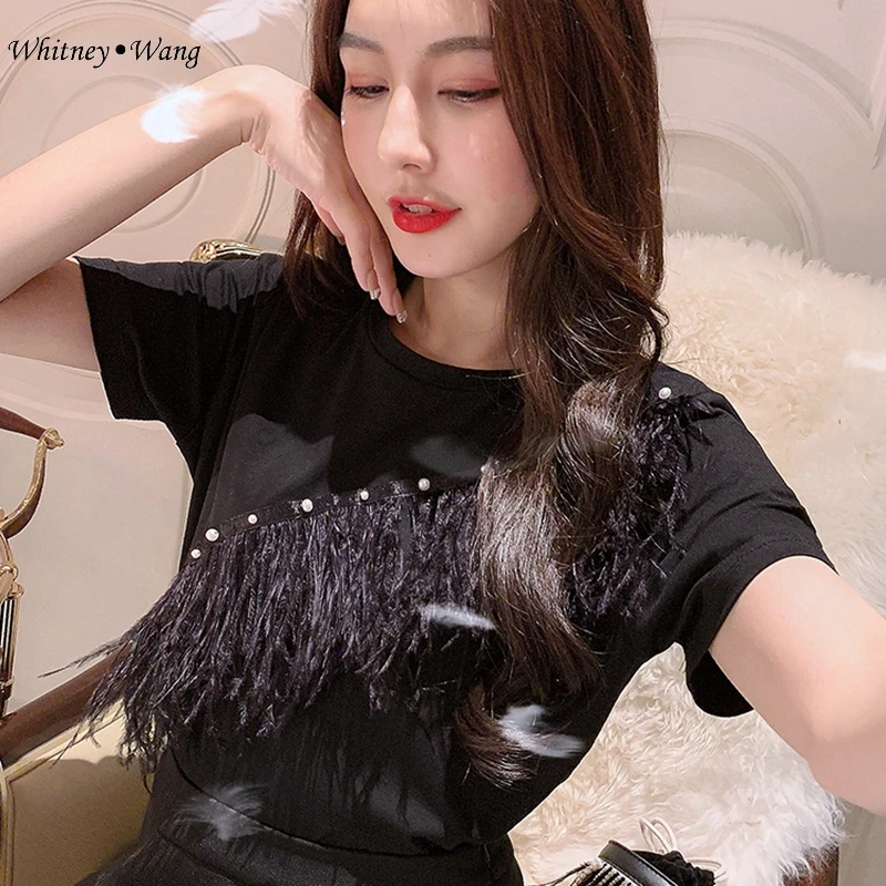 Летняя мода 2019 уличная одежда WHITNEY WANG с жемчужинами бисером и перьями женские