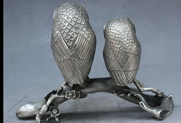 decoration Tibet copper silver Chinese Fengshui Silver Auspicious 2 Night owl Owls Animal Plum blossom Statue | Дом и сад