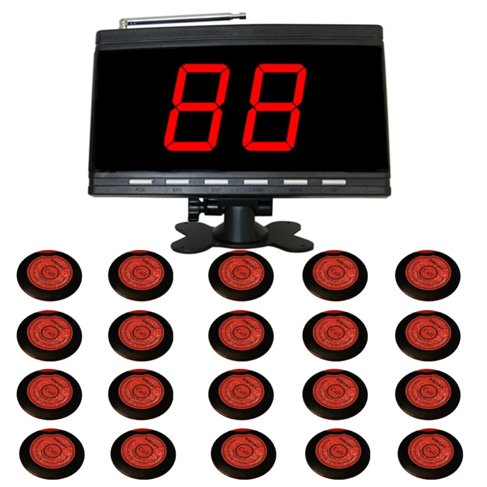 SINGCALL Wireless Table Calling System, 20pcs Red Table Bells APE700 and 1pc Black Display Receiver APE9000