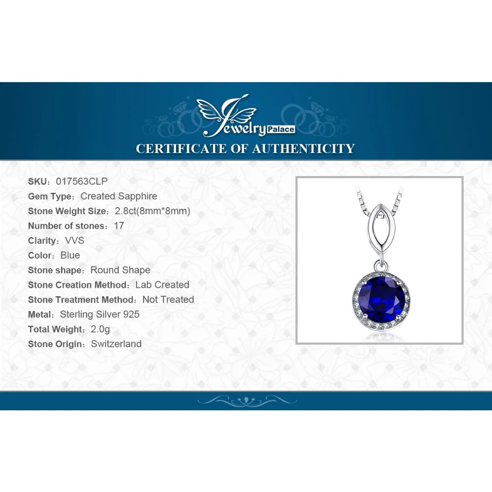 Jewelrypalace круглой огранки 2.5ct создания Сапфир Halo кулон Твердые стерлингового серебра 925 pendnat для Для женщин без цепи