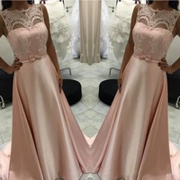 2021 lace appliques a line prom dresses sleeveless sweep train with bow ribbon evening party gowns customized vestidos de soiree