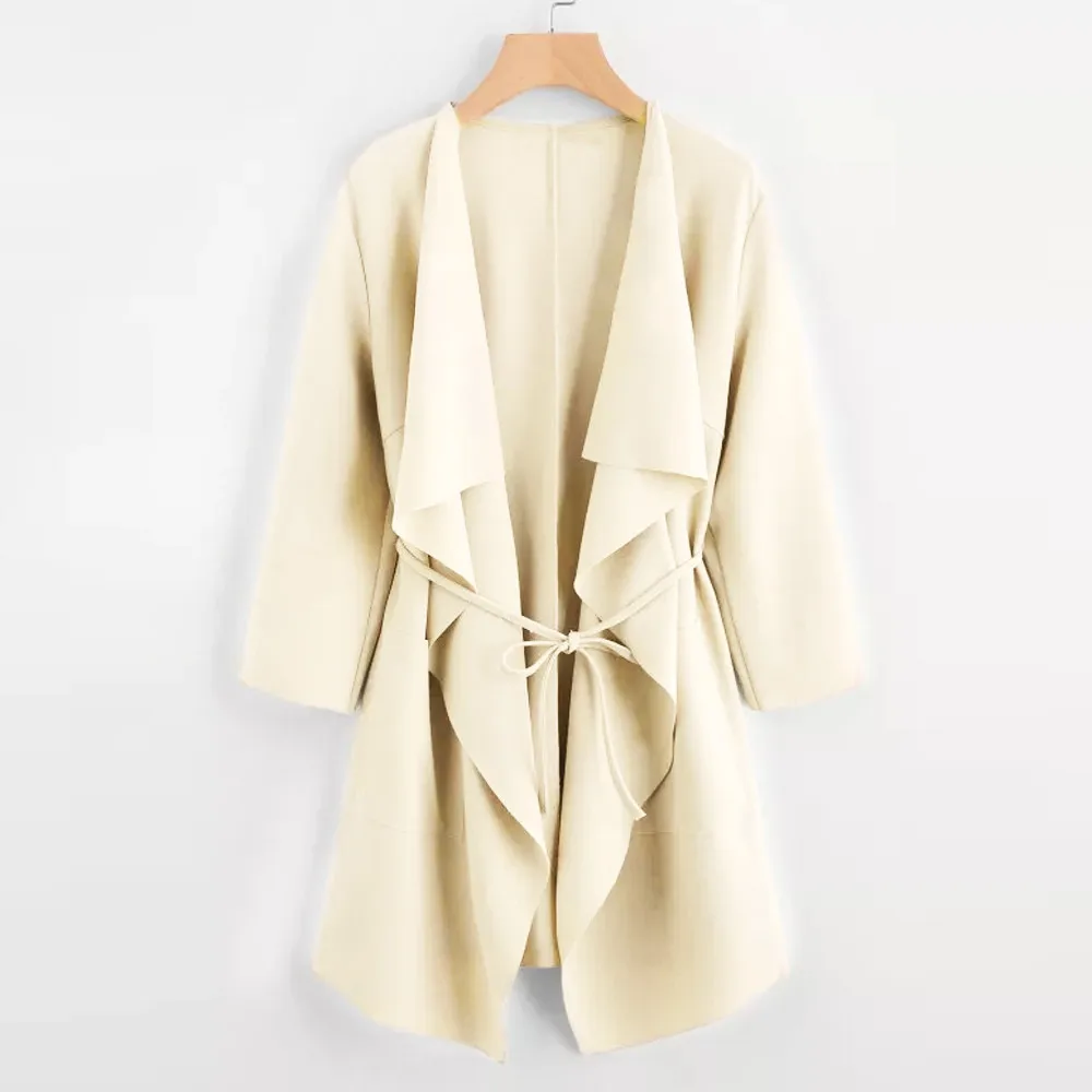 Beige Женское пальто, куртка, верхняя одежда, повседневная, с воротником-водопадом, с карманами спереди, с запахом, пальто, куртка, верхняя одежда, AU.23 - Цвет: Beige