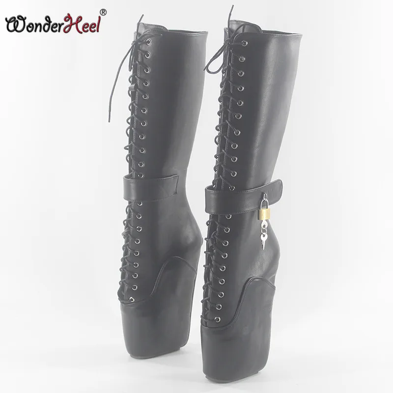Wonderheel/Новинка; Балетные сапоги до колена на танкетке 18 см; модные пикантные закрывающиеся на висячие замки из матовой кожи со шнуровкой; женские сапоги