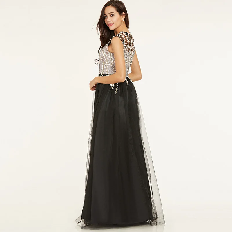 Женское длинное вечернее платье трапеция Tanpell черное до пола с рукавами