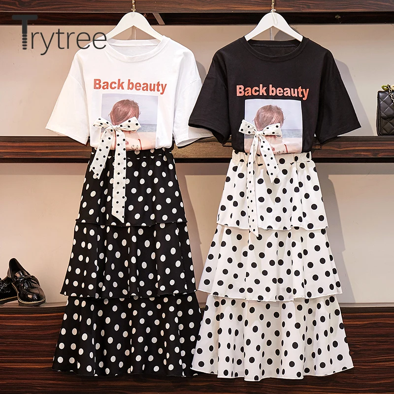 Trytree Лето Женский костюм из двух предметов повседневное лук хлопковый топ + юбка