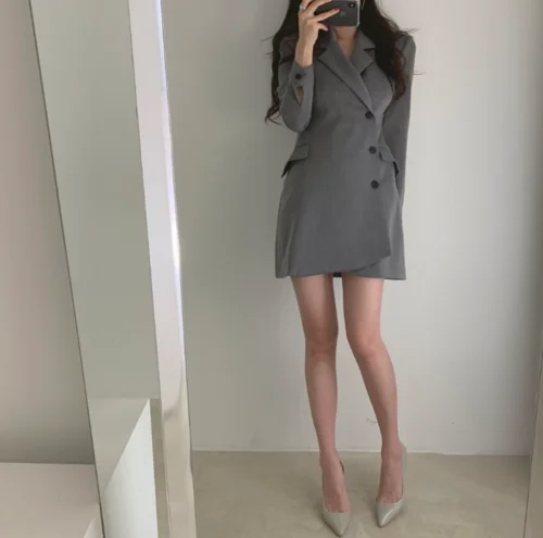 Gray Платье с длинным рукавом длиной до колена с завышенной талией и карманами; однобортное ТРАПЕЦИЕВИДНОЕ приталенное платье с фигурным вырезом; весеннее элегантное модное платье; - Цвет: Gray