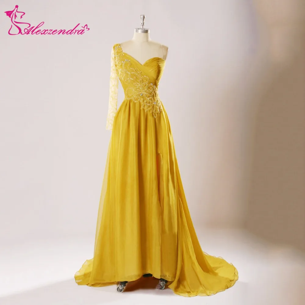 

Alexzendra Yellow One Shoulder Beads Long A Line Prom Dresses Formal Evening Gown Customize Special Party Gowns