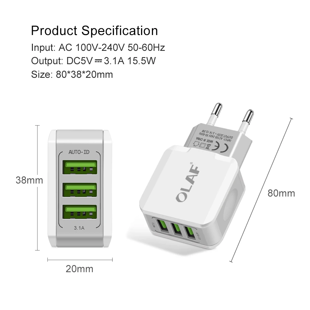 Olaf 5V 3.1A 3-Ports Smart Travel USB Wall Charger Adapter Portable EU Plug Mobile Phone for iPhone Samsung Tablets | Мобильные