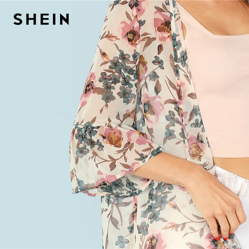 SHEIN Кимоно С Цветочным Принтом Бохо Цветочные Длинные Кимоно Летние Женские Повседневные Кимоно