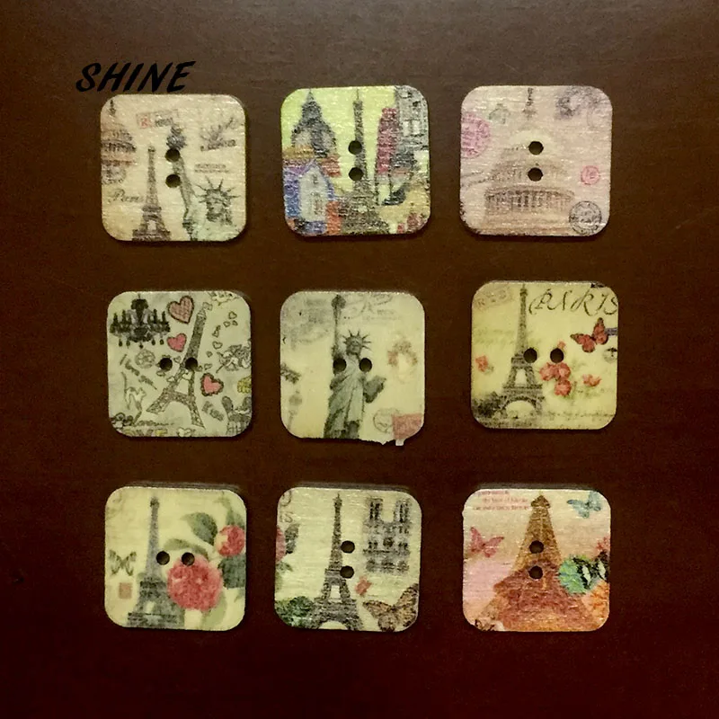 30 шт. квадратная деревянными пуговицами Эйфелева Башня Живопись/Шитье подарок