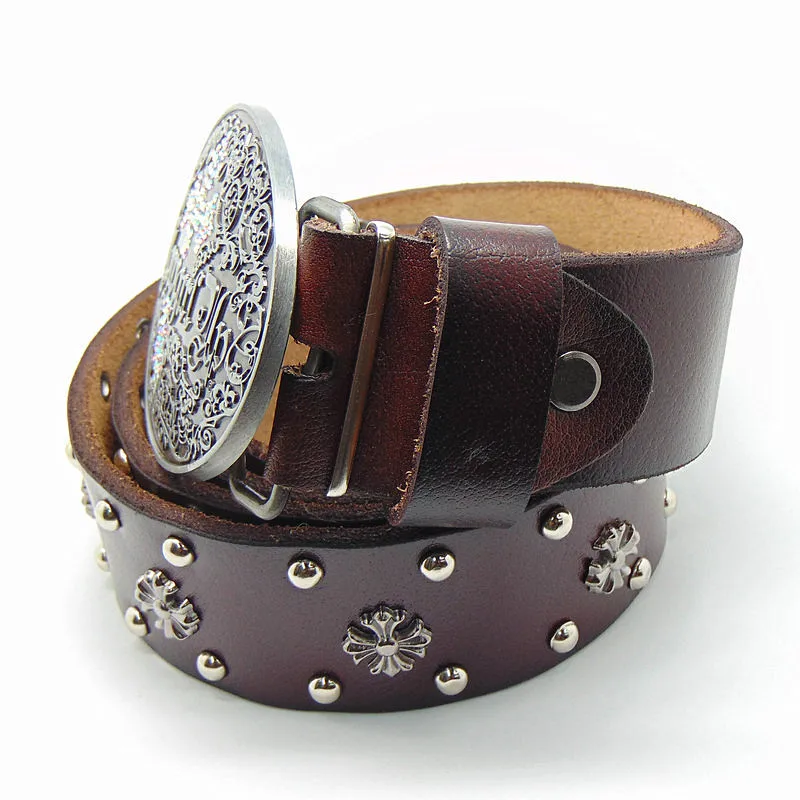 Western Cowgirl Women Belt Cross Concho Genuine Leather Brown Wide Belt for Women Oval Buckle Fashion Casual Appral Accessories