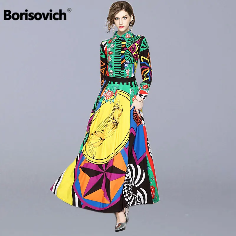 Borisovich подиумное Макси платье Новинка Осенняя мода винтажный принт отложной воротник элегантные тонкие женские вечерние длинные платья M659