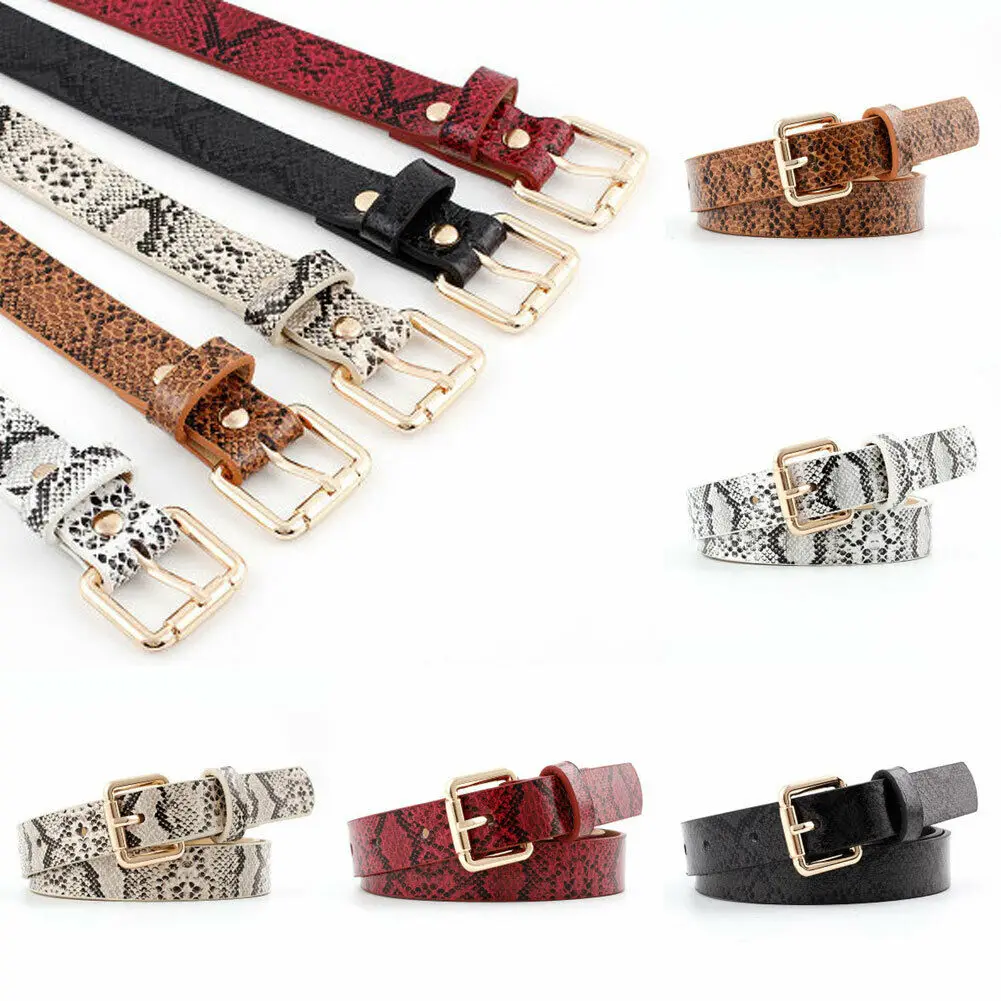 

Womens Snake Printed Belt Lady Square Buckle Waistband Pants Girdle Charm Decor