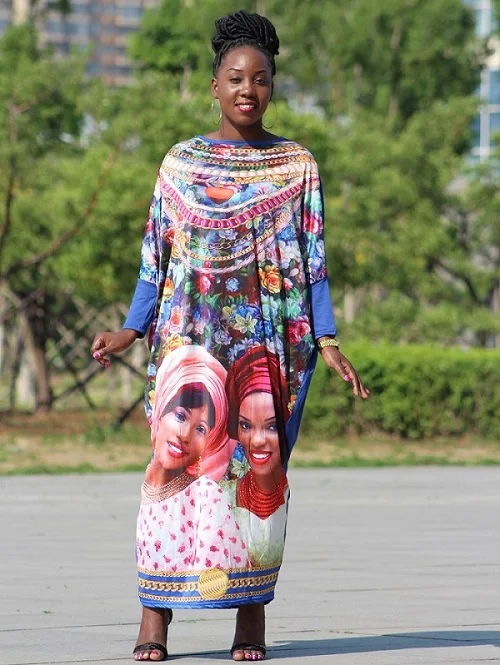 Dashikiage Новая африканская женщина голова лицо полный ювелирные изделия напечатаны элегантный плюс размер большой длинное платье - Цвет: Синий