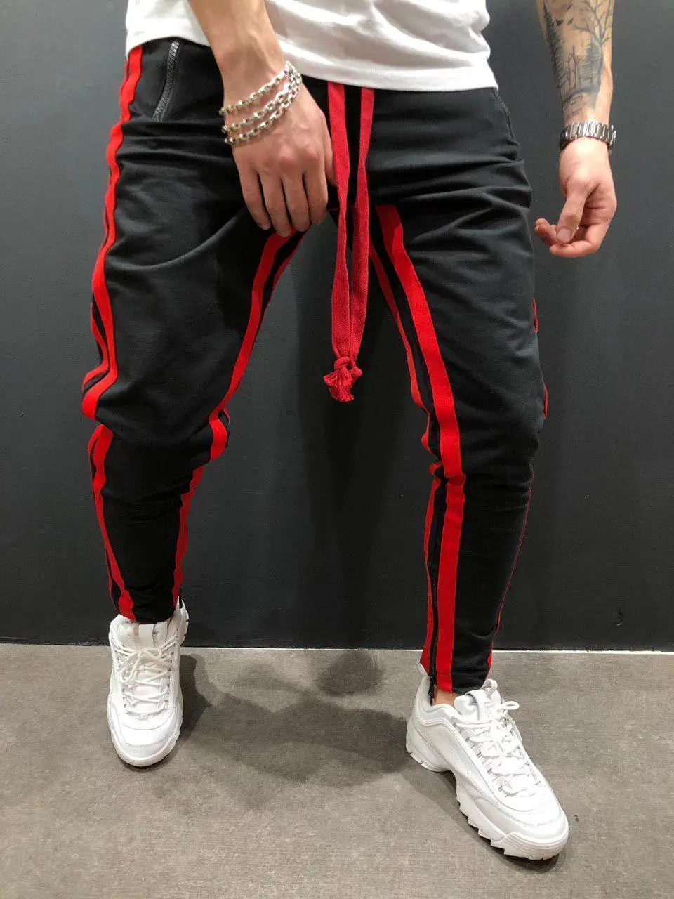 Black red Мужские брюки для отдыха, бодибилдинга, с разрезом, на молнии, для ног, для движения, брюки для бега, спортивные штаны - Цвет: Black red
