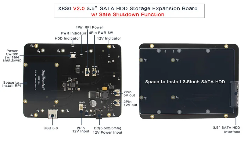 Raspberry Pi X830 V2.0 SATA HDD плата расширения с функцией безопасного выключения, 3," HDD модуль хранения для Raspberry Pi 3 B+ Plus/3B