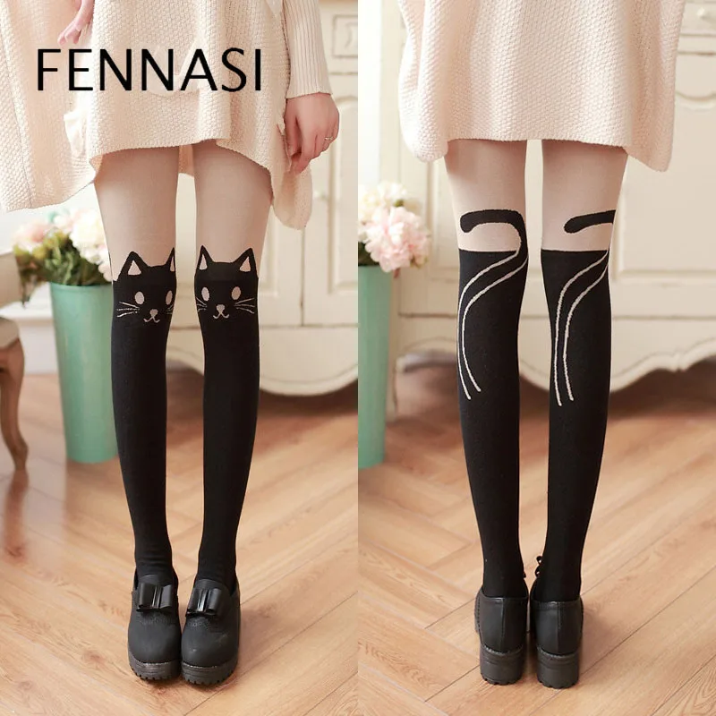 Black-Skin FENNASI, женские колготки, милый кот, Лолита, пэтчворк, черные колготки, теплые, Nylons, для девушек, с высокой талией, с принтом, колготки, с вырезами, колготки - Цвет: Black-Skin