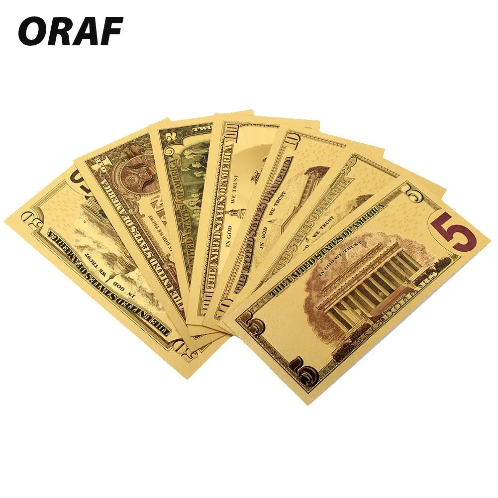 7 шт. 100/50/20/10/5/2/1 доллар поддельные деньги Опора деньги Банкноты США купюр, банкнотной в 24-каратное Золотое напыление для выявления фальшивой валюты е подарки