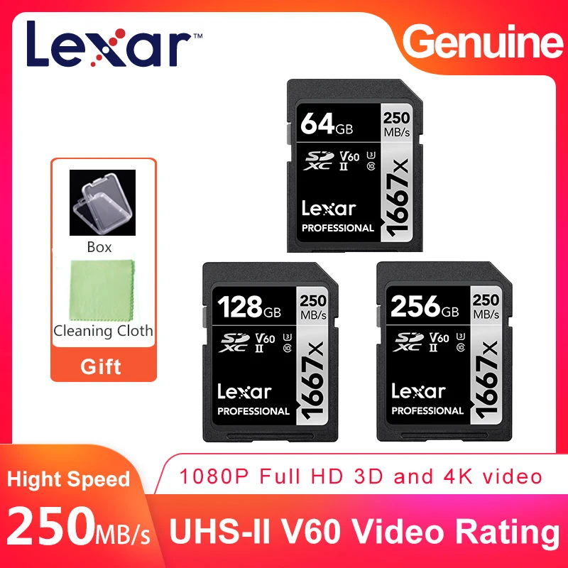 

Lexar 1667x 250MB/s High Speed 64GB 128GB 256GB SD SDHC SDXC UHS-II U3 Memory Card For 1080P Full-HD 3D 4K DSLR Digital Camera