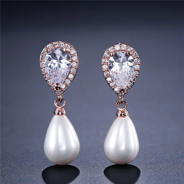 Rose Gold UILZ, новинка, модные свадебные жемчужные серьги в форме капли воды для женщин, AAA кубический цирконий, длинные висячие серьги UE516 - Окраска металла: Rose Gold