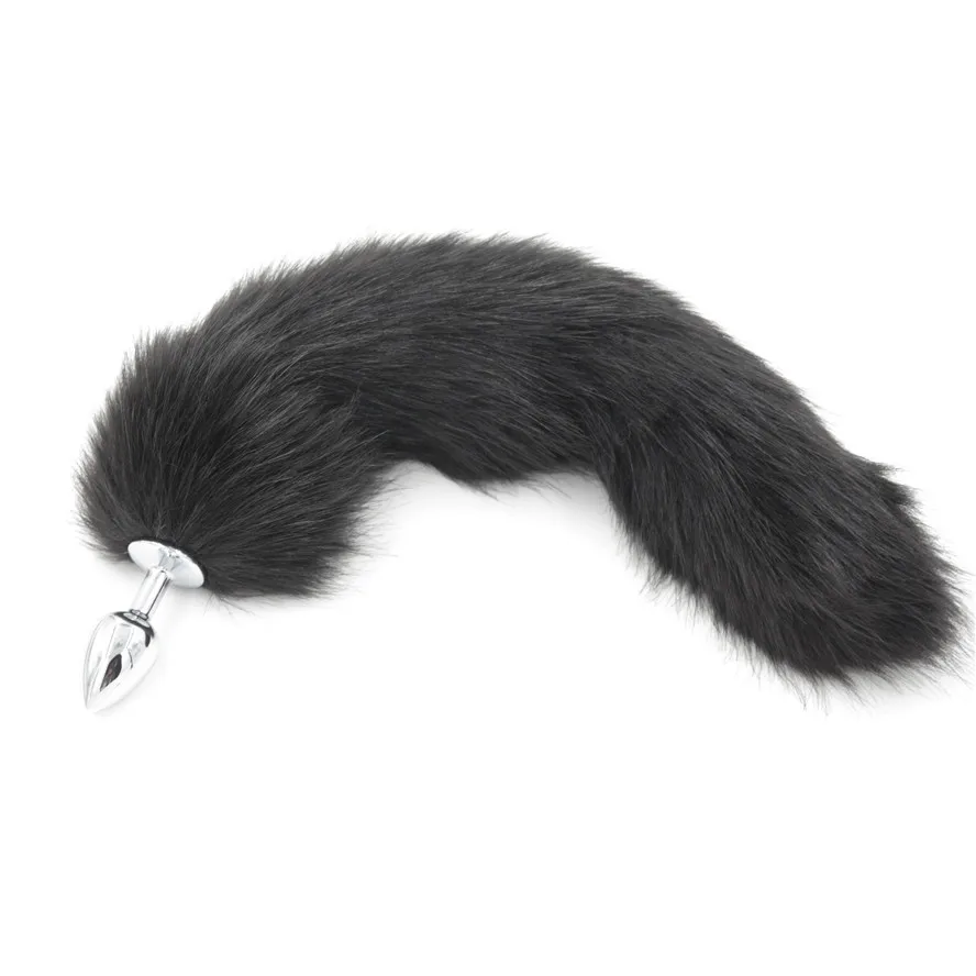 Искусственный Лисий хвост черный плюшевый мех с металлической анальной пробкой