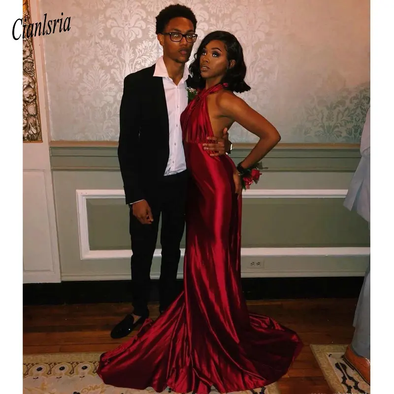 

2020 New Sexy Black Girls Red Mermaid Prom Dresses Cheap Long Halter Neck Floor Length Evening Gowns Formal Dress robe de soiree
