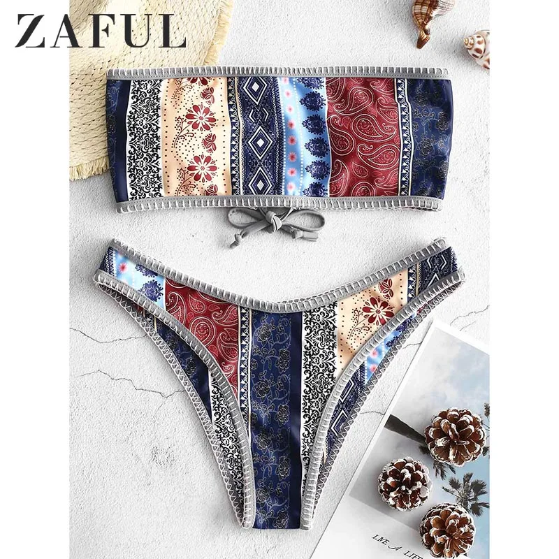 ZAFUL бикини на шнуровке с цветочным рисунком без бретелек, комплект бикини с пуш-ап и низкой талией, купальник для женщин, Одноцветный купальник, бикини, сексуальный купальник