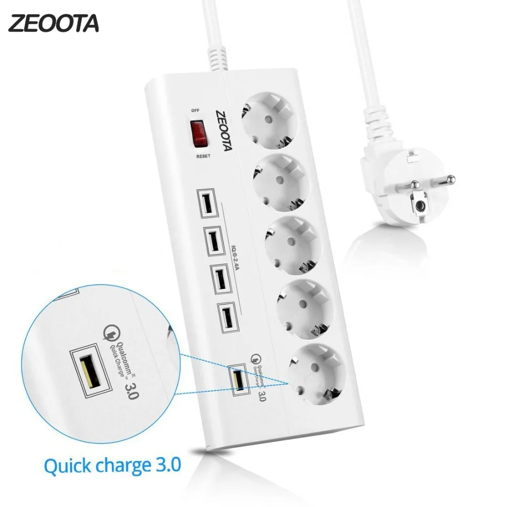 Блок питания 5 розеток ЕС розетка с USB QC 3,0 порт быстрой зарядки для смартфонов, планшетов USB устройств, 1,8 м удлинитель