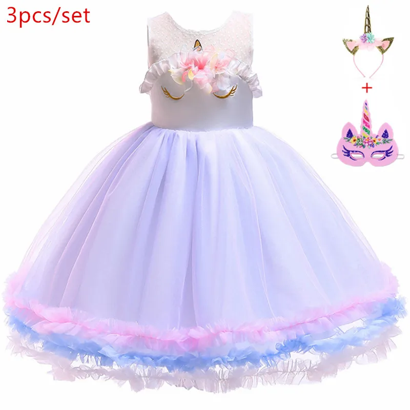 D0043blue-3pcs Платье для девочек в цветочек для костюмированной вечеринки с единорогом; платье принцессы для дня рождения для девочек; карнавальный костюм единорога для детей - Цвет: D0043blue-3pcs