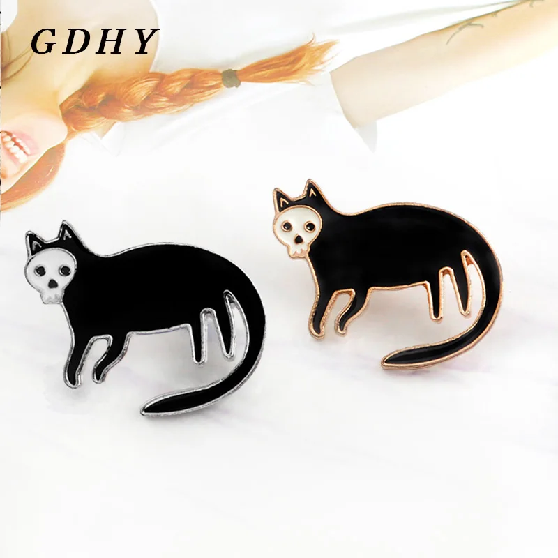 GDHY Skeleton Black Cat Brooch Skull Face Brooches Enamel Pin Backpack Shirt Collar Lapel Badges Jewelry Gifts | Украшения и