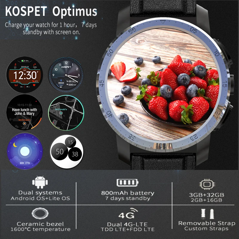 Смарт-часы kospet Optimus pro с двумя системами, Android телефон, 3 ГБ, 32 ГБ, 800 мАч, аккумулятор, камера, gps, пульсометр, умные часы, водонепроницаемые