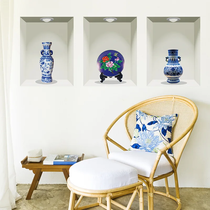 3D винтажная сине белая фарфоровая Наклейка на стену креативный настенный плакат