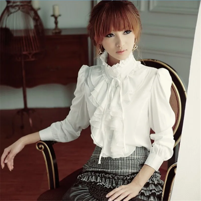 Блузка женская демисезонная с длинным рукавом и воротником стойкой|stand collar|women long