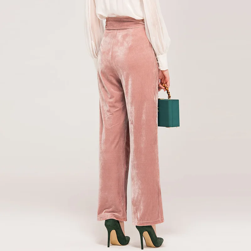 Женские велюровые брюки длинные с высокой талией и карманами из смесового шелка