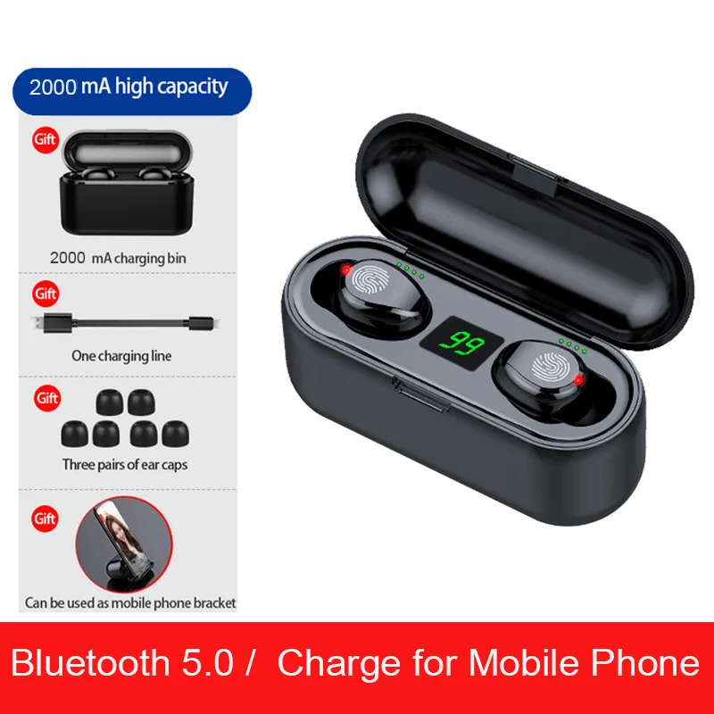 Black TWS Bluetooth наушники 5,0 беспроводные наушники сенсорное управление 8D стерео мини Беспроводные наушники с микрофоном светодиодный дисплей держатель телефона - Color: Black