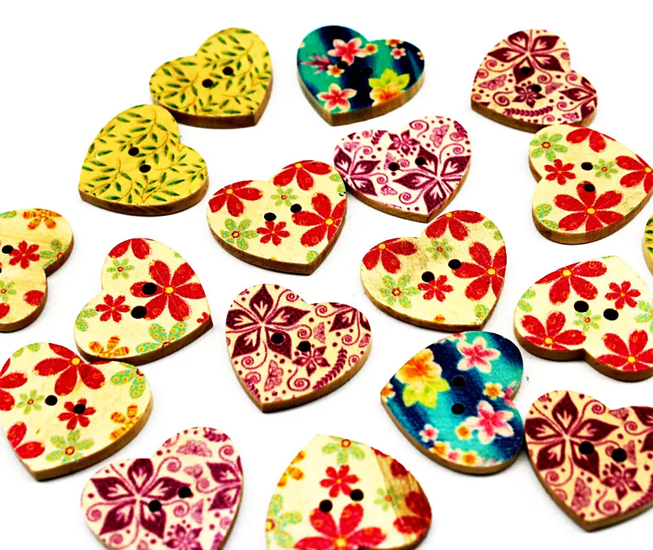

300pcs big Mixed Printed Heart Shape natural Wooden Buttons - Sewing Event Sweetheart Wood Scrapbooking Embellishment 25mm