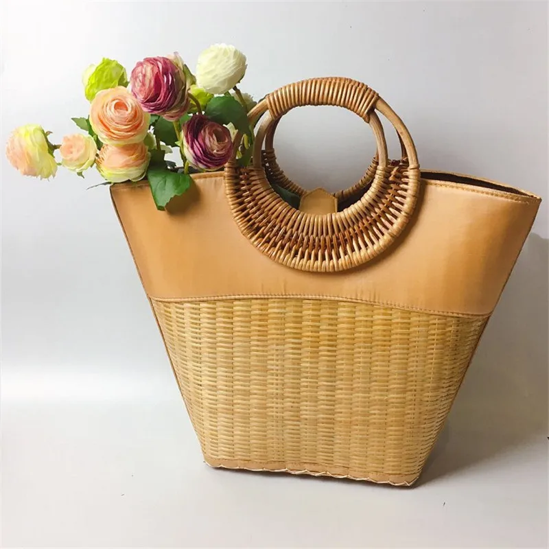 Big Capacity Bamboo Woven Handbag Fashion Shopping Basket Bag Women Handmade Rattan Circle Handle Design Retro Beach | Багаж и сумки