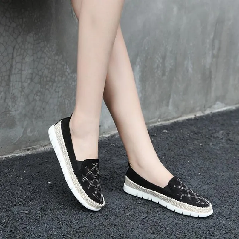 Big size 42 Women Casual Flat Loafers Shoes Woman Female Bling Rhinestone Slip on Sneakers Straw hemp rope Fishermen Boat | Обувь