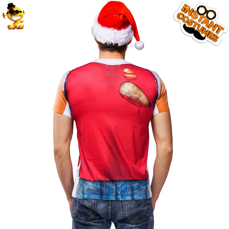 

Christmas Men Chest Muscle Shirt Costume Halloween Cosplay 3D Printing Short Sleeve Stripe T-Shirt for Purim Adult Costumes