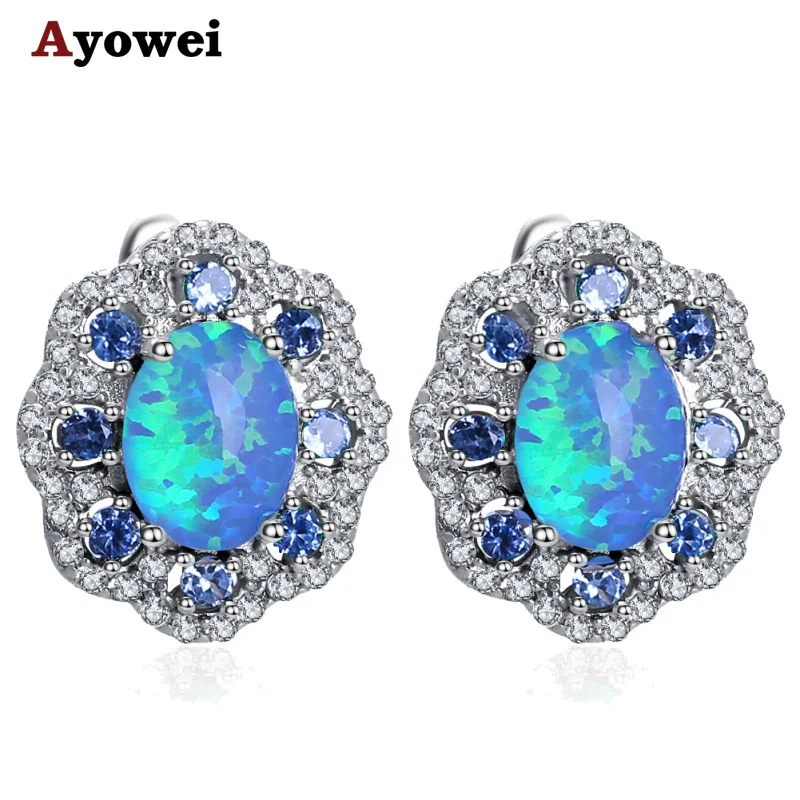 

Ayowei Wholesale & Retail Cubic Zirconia Blue Fire Opal Silver Stamped Clip Earrings Fashionl Opal Jewelry OE727A