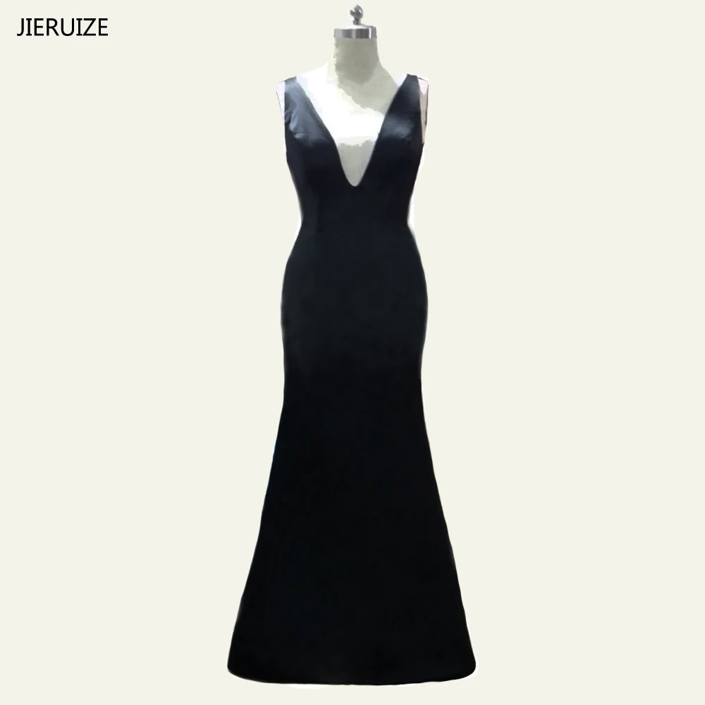 

JIERUIZE Simple Black Mermaid Evening Dresses Long Cross Back V-neck Cheap Prom Dresses Formal Dresses robe de soiree