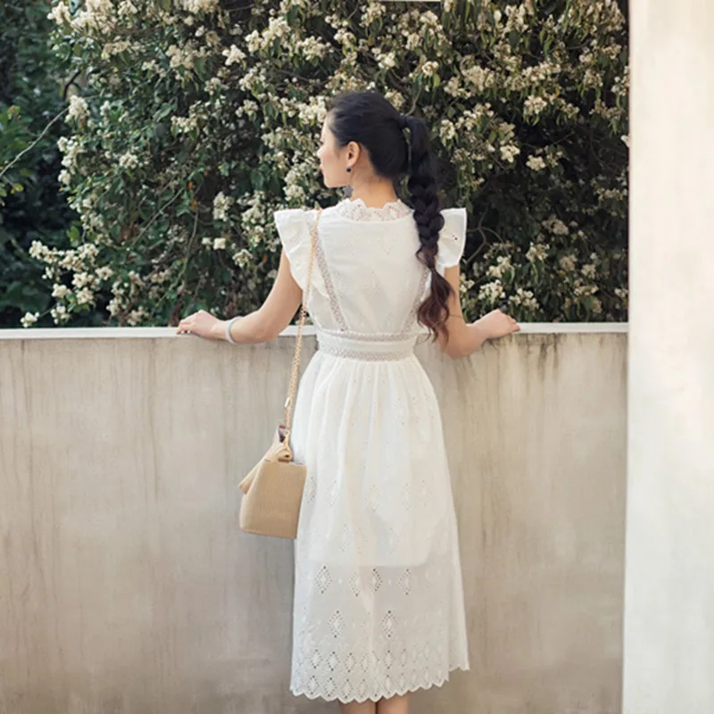 

Elegant Summer Cotton Dress 2019 New High Quality Unique Hollow Hook flower Cool Breathable Women Dresses Vintage Sweet Dresses